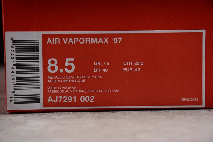 nike mens AIR VAPORMAX 97 "SILVER BULLET" metallic silver varsity red AJ7291-002